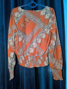 Brown Full Sleeves Printed Top