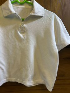 White Cropped Zip-Up Polo top