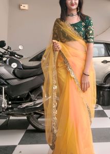 Designer Yellow Net Sari With Blause