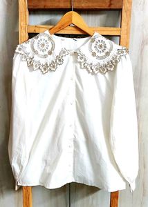 Elegant White Embellished Blouse Size-42