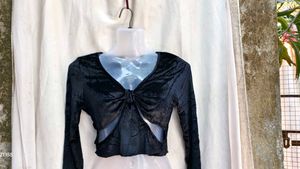 192812. Black Velvet Tie Front Crop Top