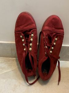 Maroon Velvet With Pearl Design Shoes