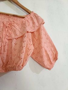 Peach Eyelet Off-the-Shoulder Crop Top