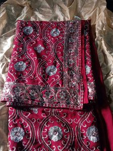 Elegant Maroon Embroidered Saree