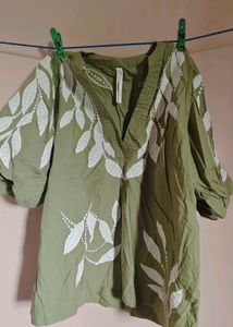 Olive Green Cotton Top with White Leaf Embroidery