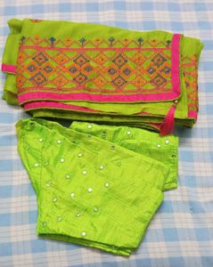 Green Embroidery Saree with Mirror Work Blouse