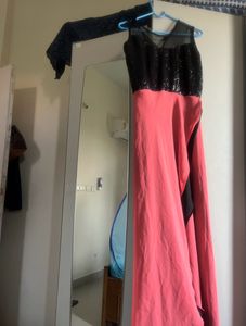 Peach And Black Long Frock