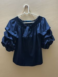 Blue Ruched Sleeve Top