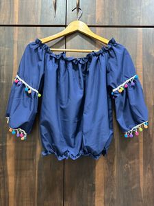 Blue Off-Shoulder Top with Colourful Pom-Pom Lace