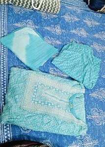 Teal Embroidered Kurta Set With Dupatta