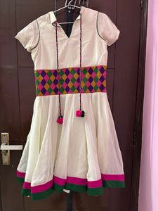 White Gher Dress Kurti With Colourful Border And Dori