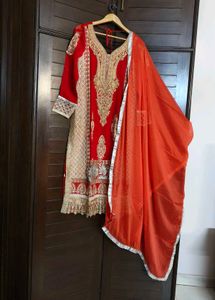 Partywear Women Red Fully Embroidered Suit Set