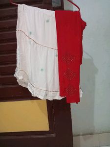 Combo Of White Palazo And Red Pajami
