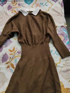 Brown Knit Dress with Collar