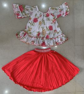 Girl’s Cute Floral Top &amp; Red Skirt Set 3-5 years