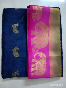 pink &amp; navy blue silk saree with brocade