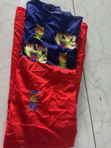 Red & Blue Embroidered  material for baby Dress