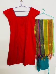 Red Cotton Churidhar Set With Multi Clr Dupatta