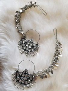 Silver Crystal Ear Ring with Chain