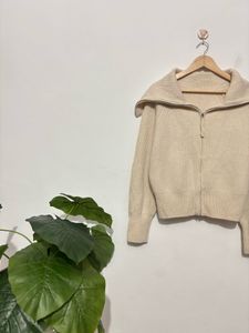 Beige Zipper Cardigan