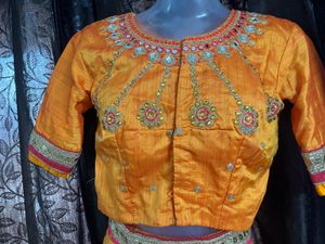 Orange Full Embroidery Round Mirror Lahenga Set