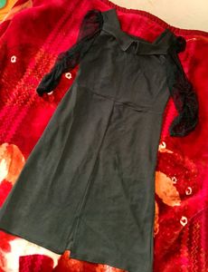 Black Dress with Sheer Polka Dot Sleeves