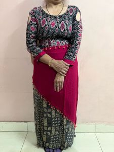 Ikat Fusion Kurti - Grey/Pink - Size L