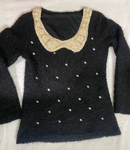 Fuzzy Polka Dot sweater with Lace Collar