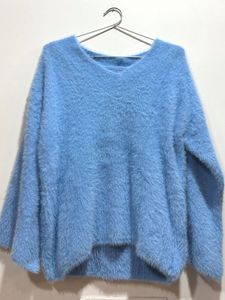 Fluffy Blue V-Neck Sweater