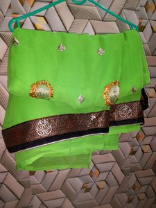 Green Embellished Saree With Stiched Blouse