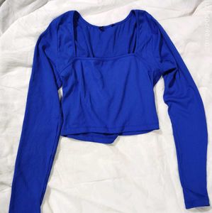 Blue Ribbed Square Neck Long Sleeve Top