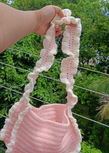Pink Crochet Ruffle Shoulder Bag
