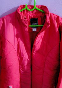 Coral Puffer Jacket With Pink Sweater 💗✨