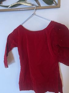 Red Velvet Kurti with Gold Bead Detail