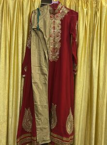 Red &amp; Gold Embroidered Dress With Duppata &amp; Bottom