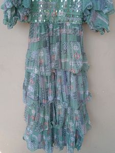 Green Floral Ruffle Sleeve Dress