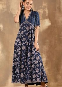 Floral Printed V Neck A-Line Ethnic Maxi Dress