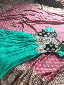 Teal &amp; Gold Embellished Anarkali Dress