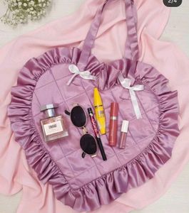 Heart shape satin tote bag with bow ribbons