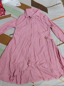 Pink Asymmetrical Hem Shirt Dress