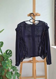 ZARA Navy Ruffle Trim Sheer Blouse