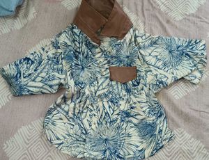 Leather Collar Short Sleeve Crop Shirt