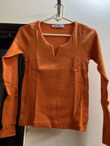 Orange Slim Fit Round Neck Top