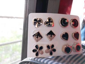 Designer Earrings Set 6 Pairs In Black &amp; Gold