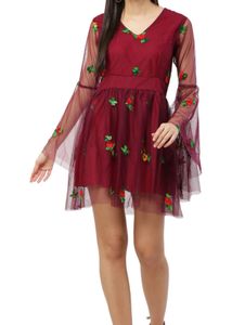 Burgundy Floral Embroidered Mini Dress