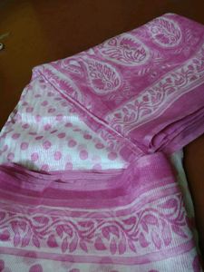 Pink &amp; White Paisley Polka Dot Saree