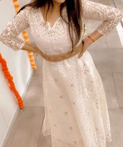 Beautiful Cream Color Embroidery On Neckline  Gown