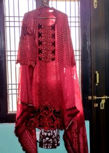 Red Velvet Pakistani Heavy Embroidered Kurta Set