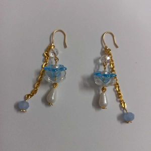 Beautiful Handmade Beaded Floral Earrings - Blue
