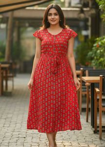 Red Printed Midi Dress